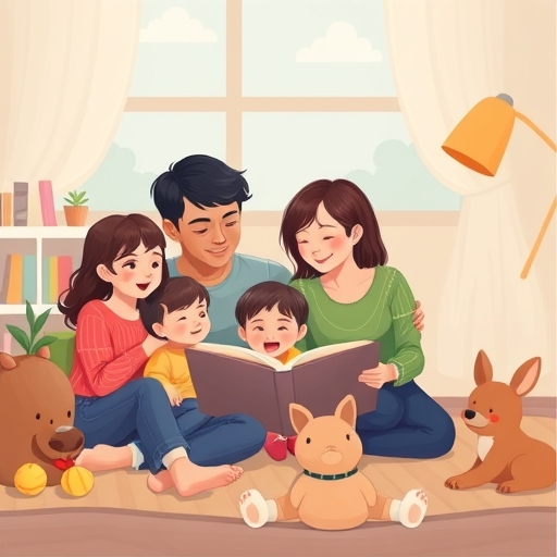 一家人在沙發上一起閱讀的插圖