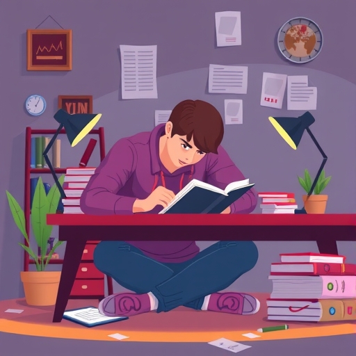 一位學生在圖書館中專心研讀資料