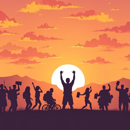 充滿活力的人們在日出時奔跑慶祝