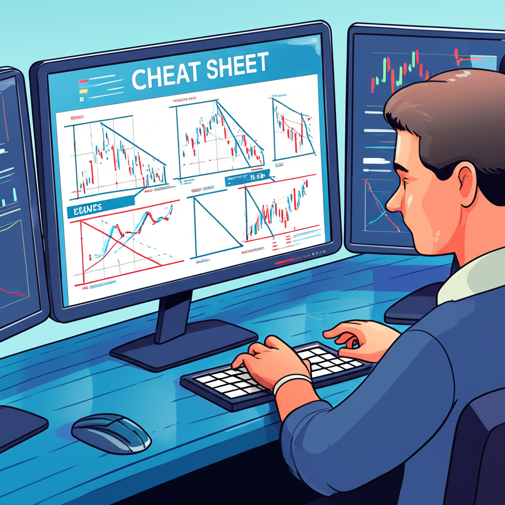 Illustration of a trader using a chart patterns cheat sheet