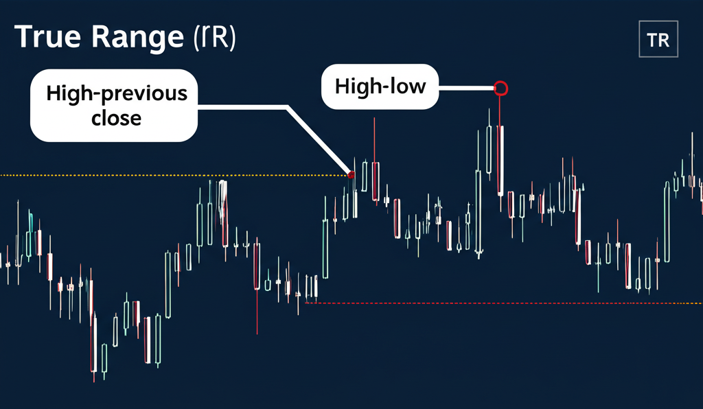 Visual breakdown of True Range calculation components on a candlestick chart with price gaps