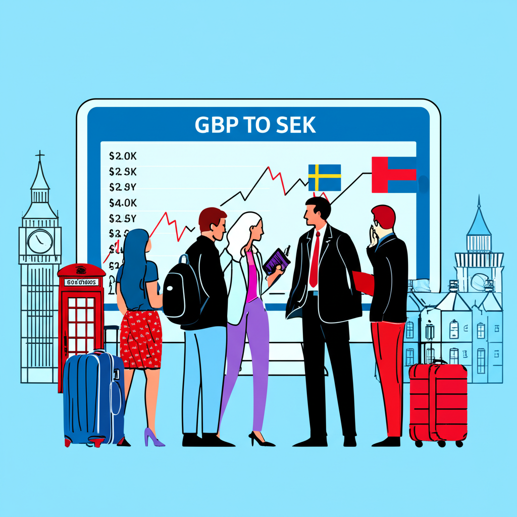 Diverse group of travelers, investors, and business owners analyzing GBP to SEK exchange rate trends with UK and Sweden landmarks in the background