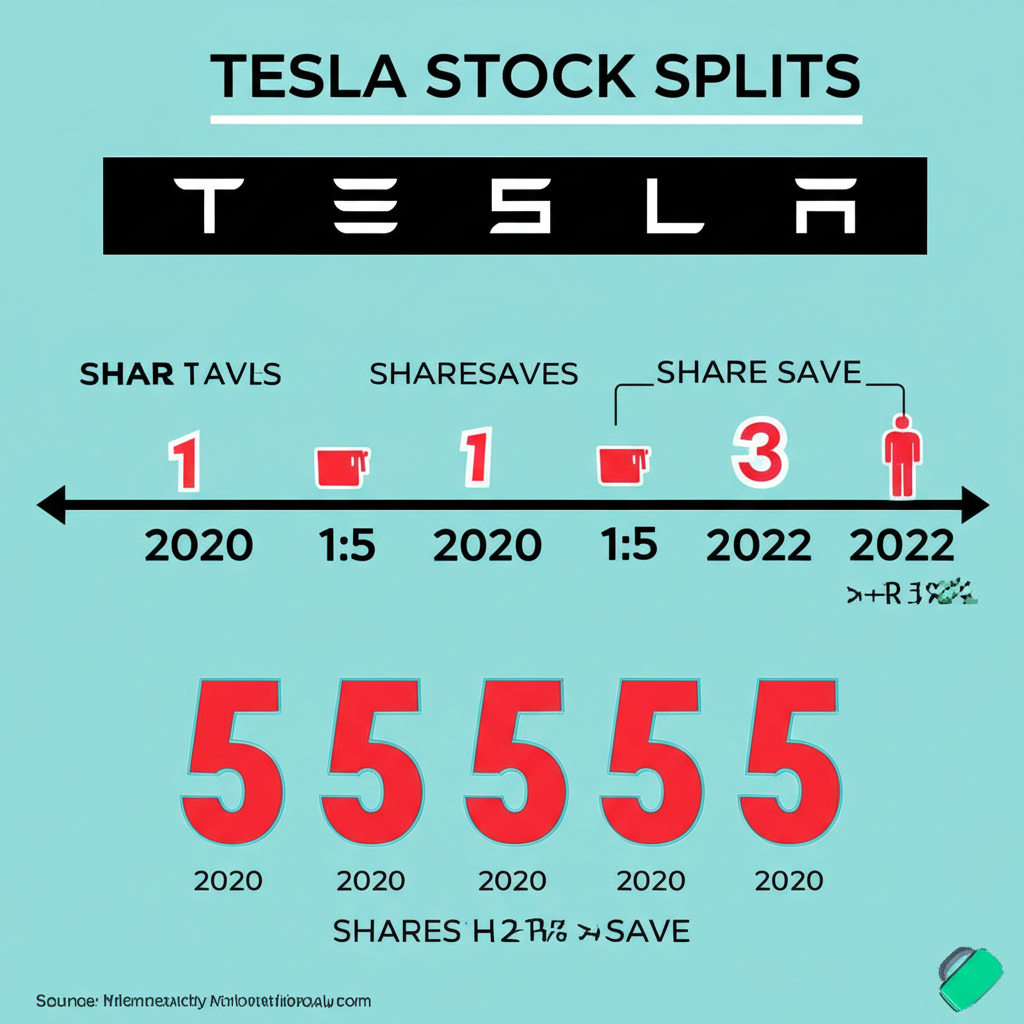 Illustration of a timeline showing Tesla stock splits, a single share becoming 5 shares (2020) then 3 shares (2022), with key dates and ratios, in a clear infographic illustration style