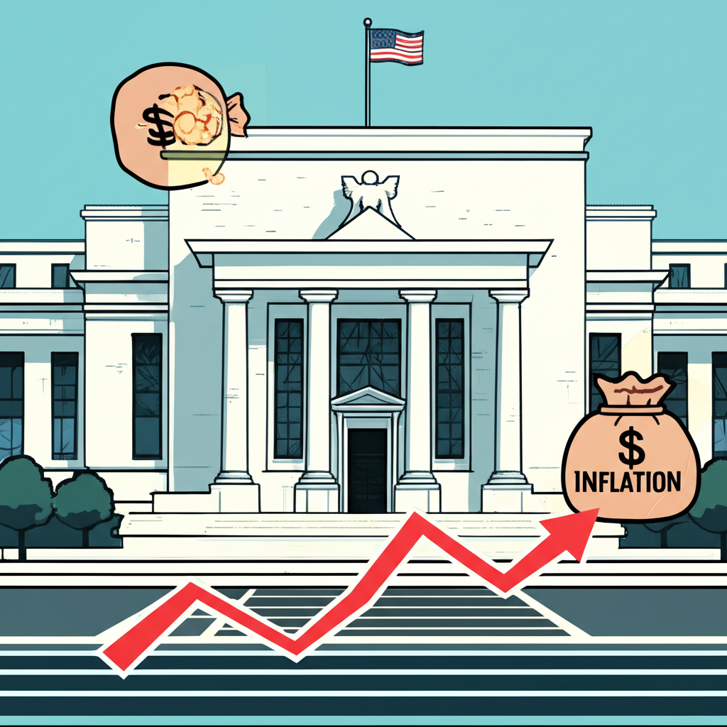 Illustration of the Federal Reserve building with rising interest rate graphs and inflation symbols