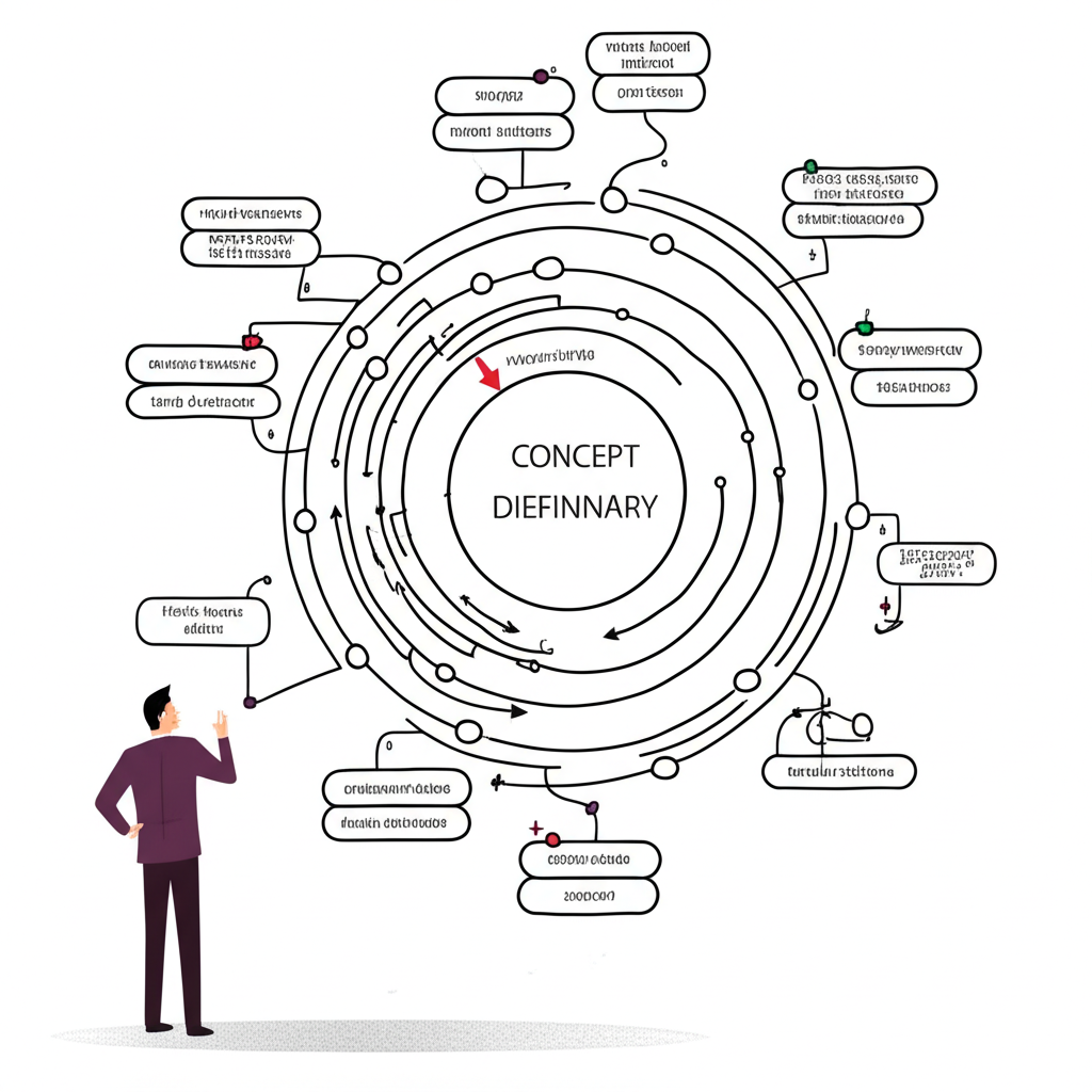 Illustration of a person exploring a multi-layered concept diagram, moving beyond a dictionary, symbolizing an in-depth extended definition and rhetorical strategy