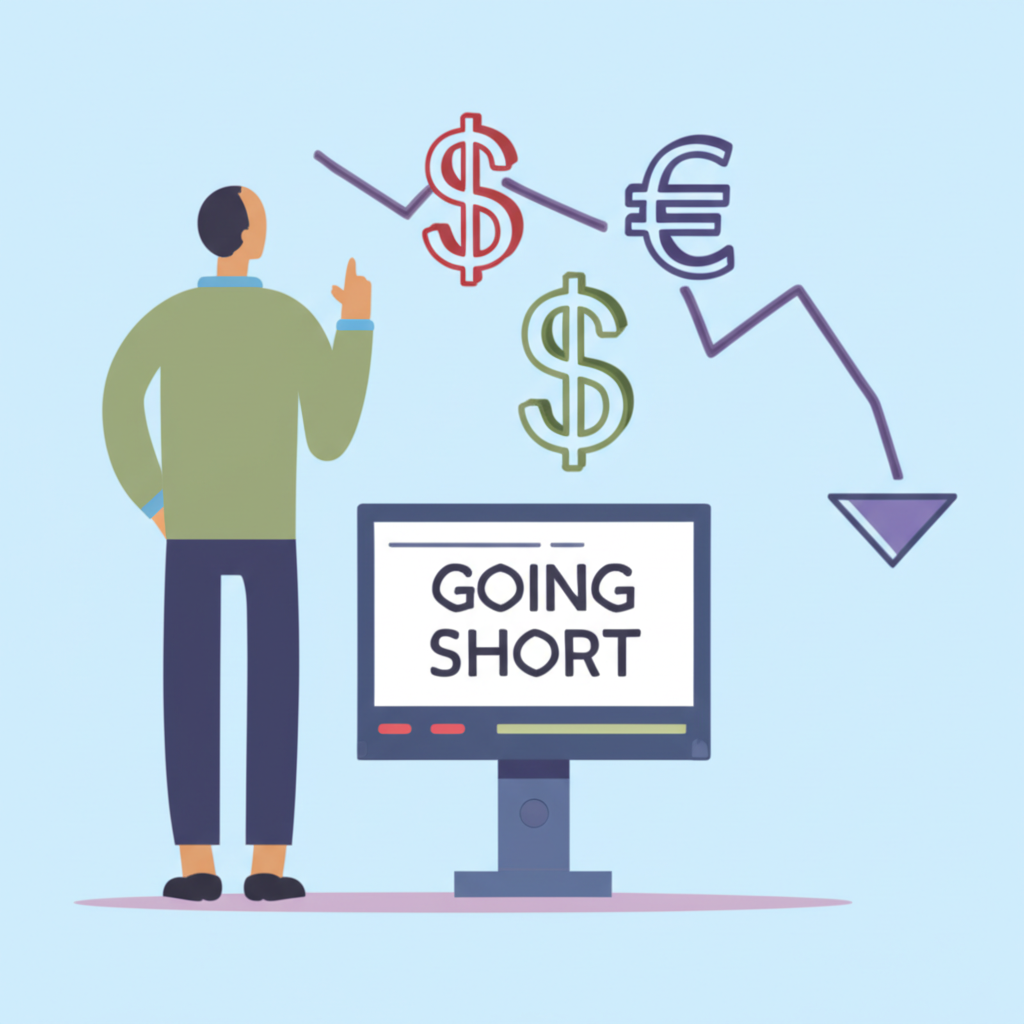 Illustration of a trader looking at a screen with a downward trend line, representing 'going short' on a currency pair, with abstract currency symbols showing one falling against another