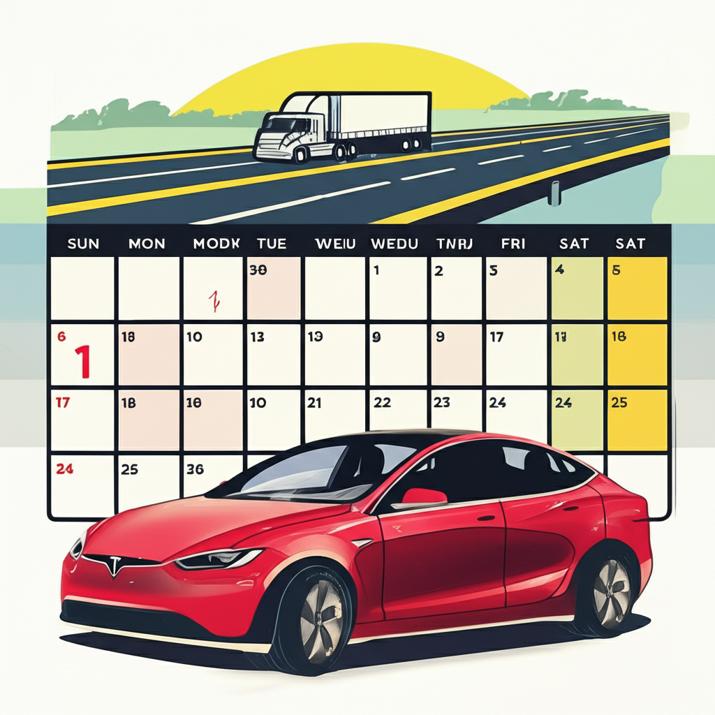 Calendar showing 1 to 4 weeks highlighted, next to a Tesla being delivered quickly with logistical hurdles like a truck on a long road, in a clear infographic style