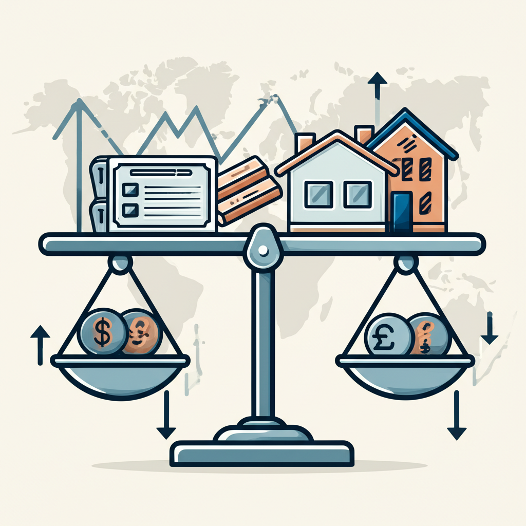 Diverse investment portfolio balanced by currency symbols, showing how currency exposure aids diversification and hedges against inflation and geopolitical risks