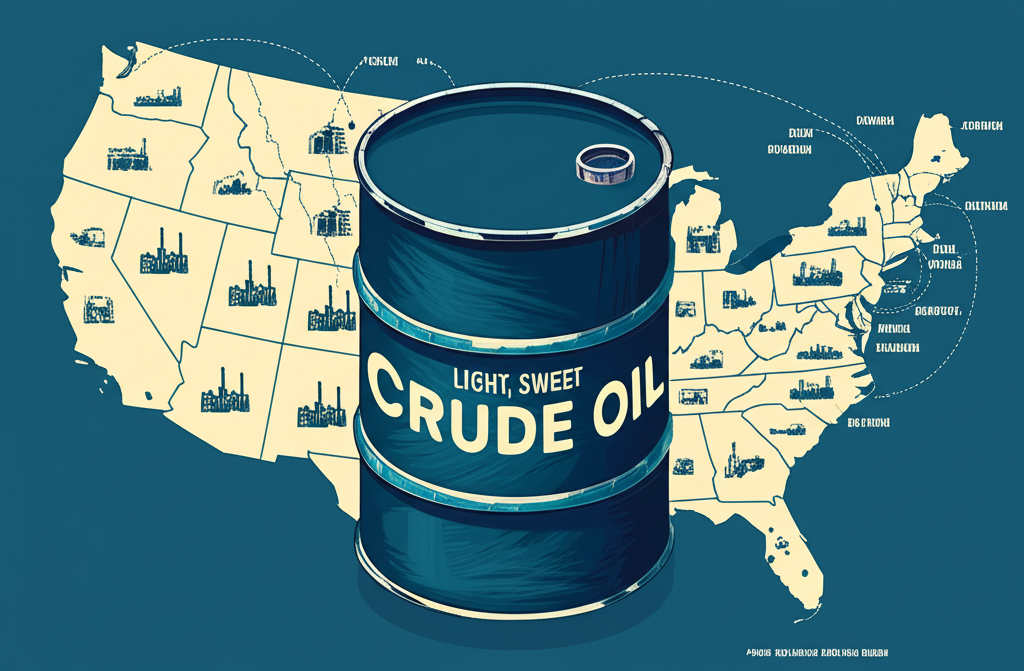 Illustration of WTI crude oil barrel with U.S. pipelines converging at Cushing, Oklahoma, and surrounding storage tanks