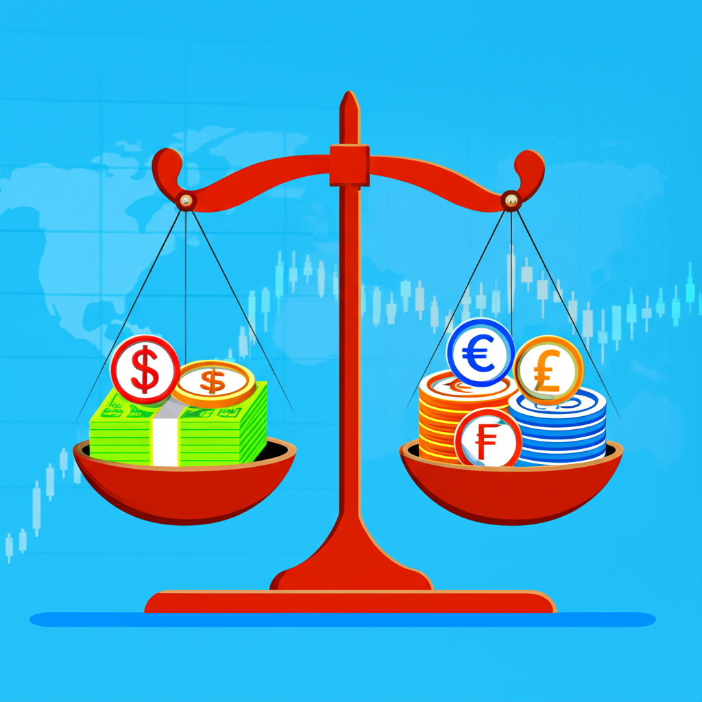 Global currency index DXY represented by a scale balancing the US dollar against a basket of six world currencies