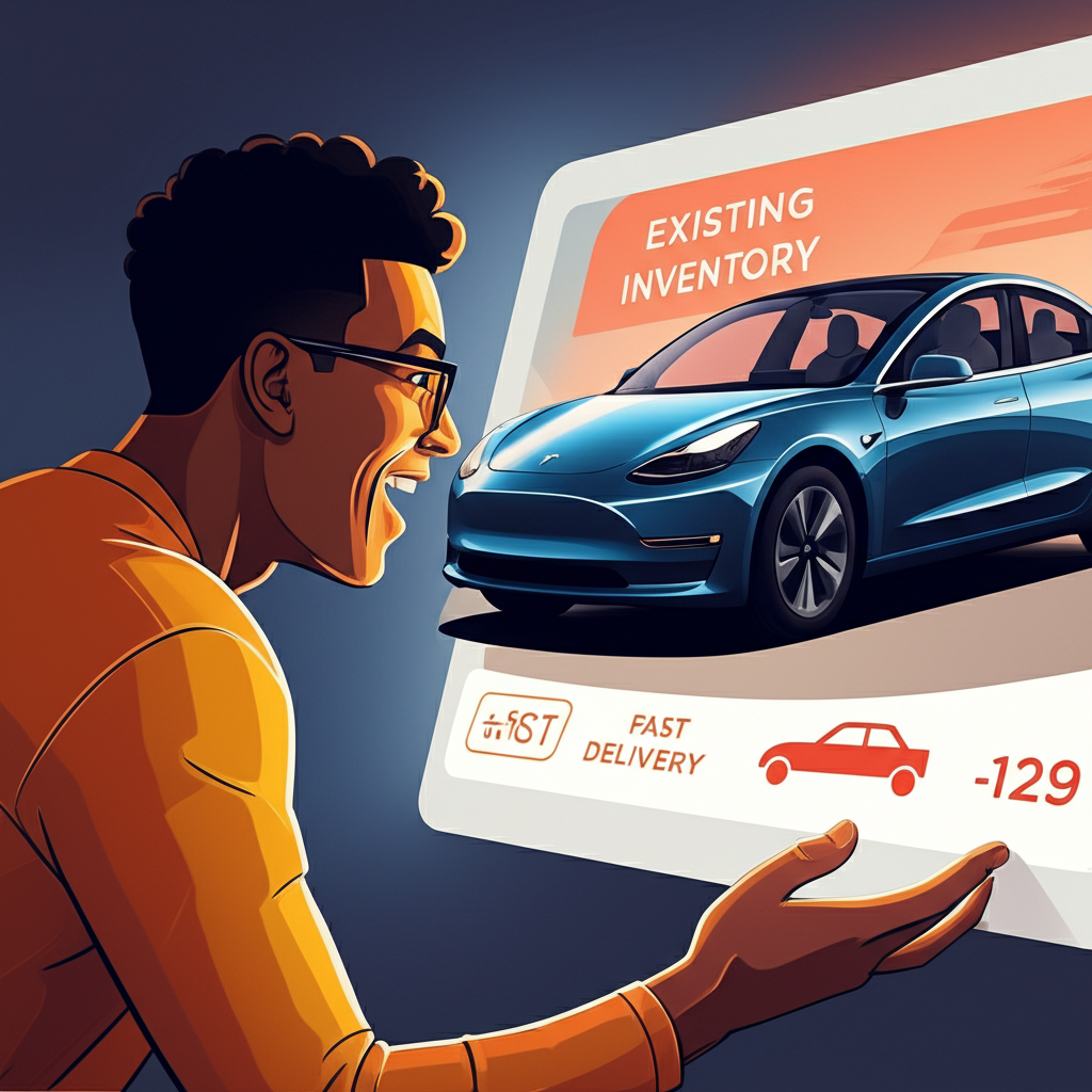 Illustration of a person excitedly looking at a Tesla existing inventory vehicle on a digital screen with a fast delivery timeline indicated, in a bright, optimistic style