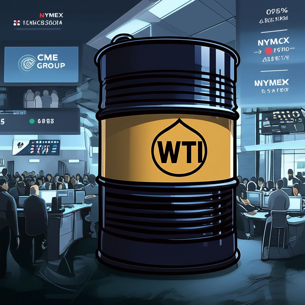 Digital illustration of a WTI crude oil barrel icon surrounded by references to NYMEX and CME Group, symbolizing its role as a North American pricing benchmark