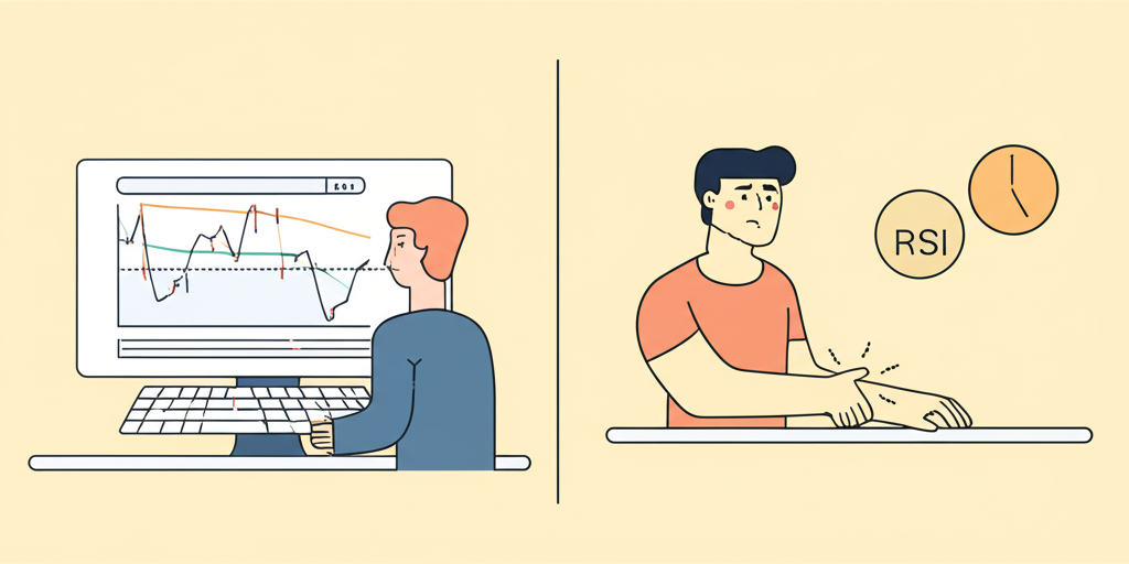 Illustration showing dual meaning of RSI: financial chart with RSI lines and person experiencing wrist pain from typing