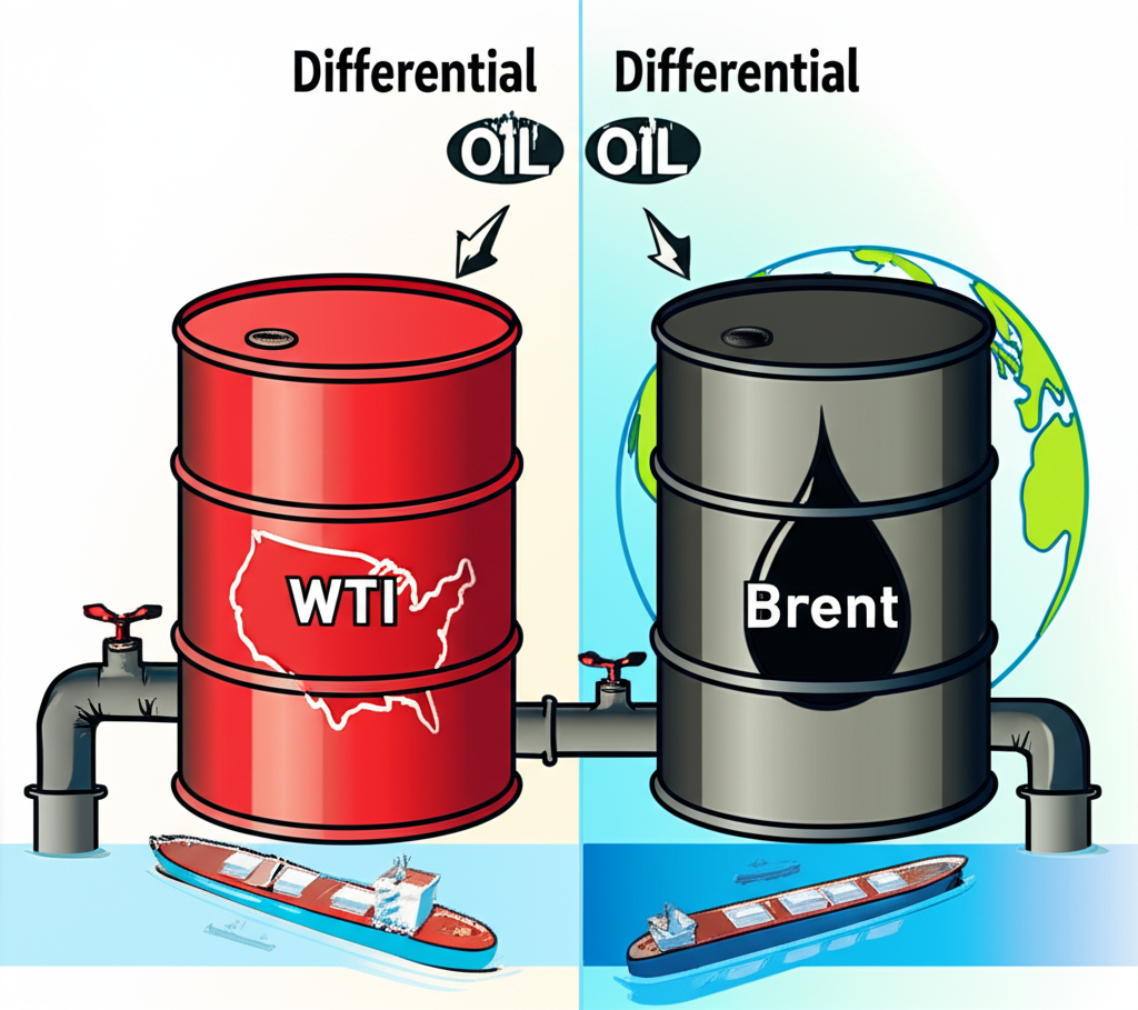 Comparison illustration of WTI and Brent crude barrels showing pipelines and U.S. map versus tankers and globe, with price differential indicators