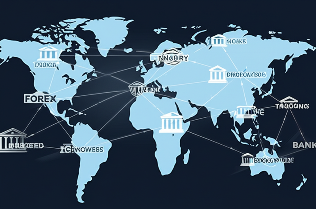 Illustration of a decentralized financial network, with various banks, brokers, and traders interconnected electronically across the globe, symbolizing the absence of a physical trading floor in forex.