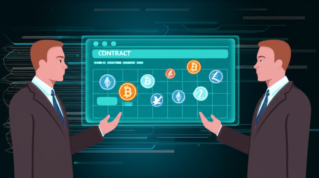 Digital contract between trader and broker with crypto symbols, illustrating price speculation without ownership