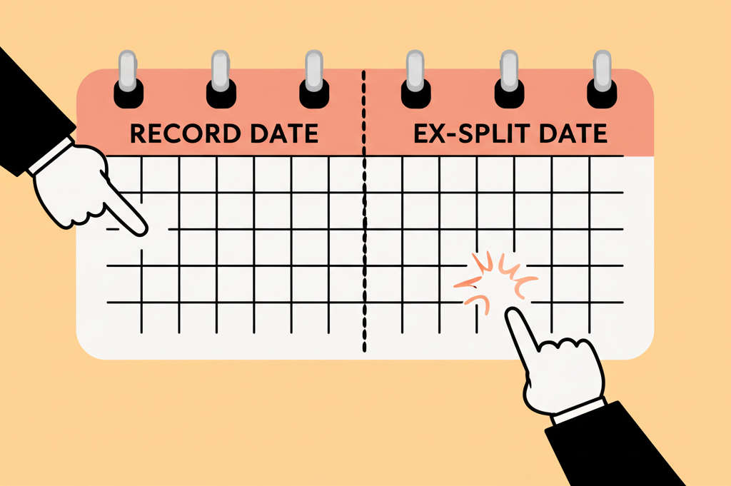 Illustration showing two distinct calendar dates, 'Record Date' and 'Ex-Split Date,' with a hand pointing to each, emphasizing their difference and importance for stock split eligibility, in a conceptual, educational illustration style