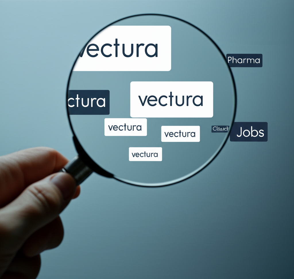 Illustration of a magnifying glass hovering over several distinct 'Vectura' logos with small identifiers like 'Pharma', 'Cloud', and 'Jobs'