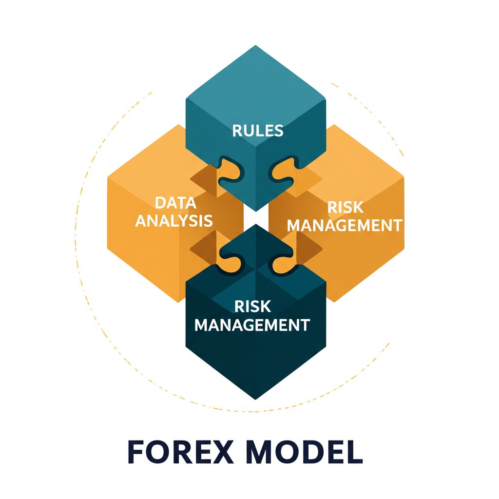 Illustration depicting the core components of a robust forex model as interconnected building blocks, working in synergy, with elements like data, rules, and risk management visibly linked, in an illustration style