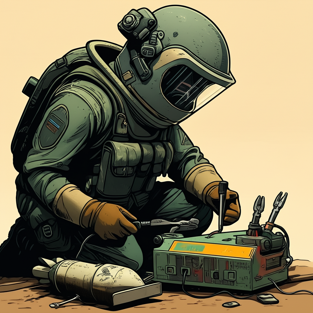 Illustration of a military EOD specialist in protective gear examining an unexploded ordnance with precision tools, highlighting the technical detail and danger of bomb disposal