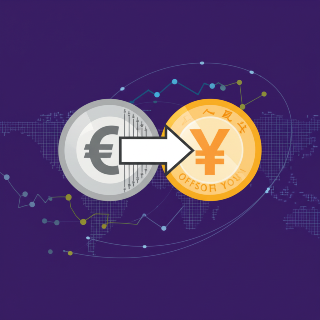 Illustration of a Euro coin and an Offshore Chinese Yuan coin linked by an arrow, symbolizing the exchange rate between Europe and China, with economic graphs and global trade routes in the background, in an engaging, modern illustration style.