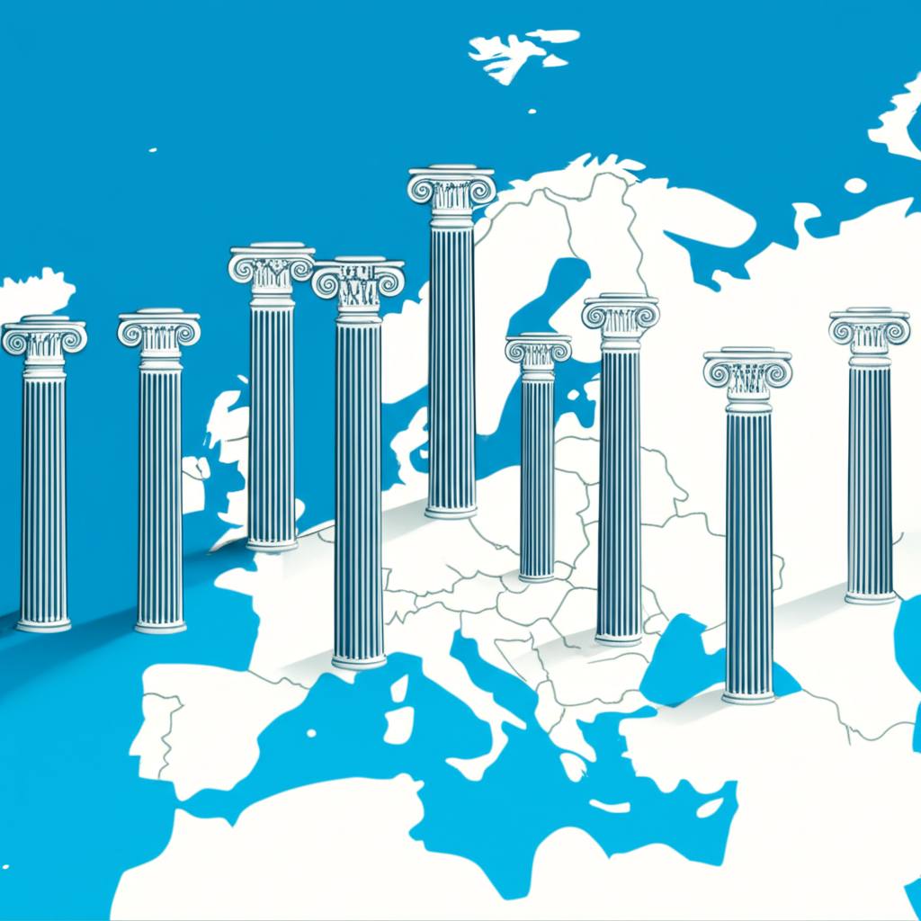 Abstract illustration of financial pillars rising from a map of Europe, each labeled with a major stock index, symbolizing their foundational role in European finance