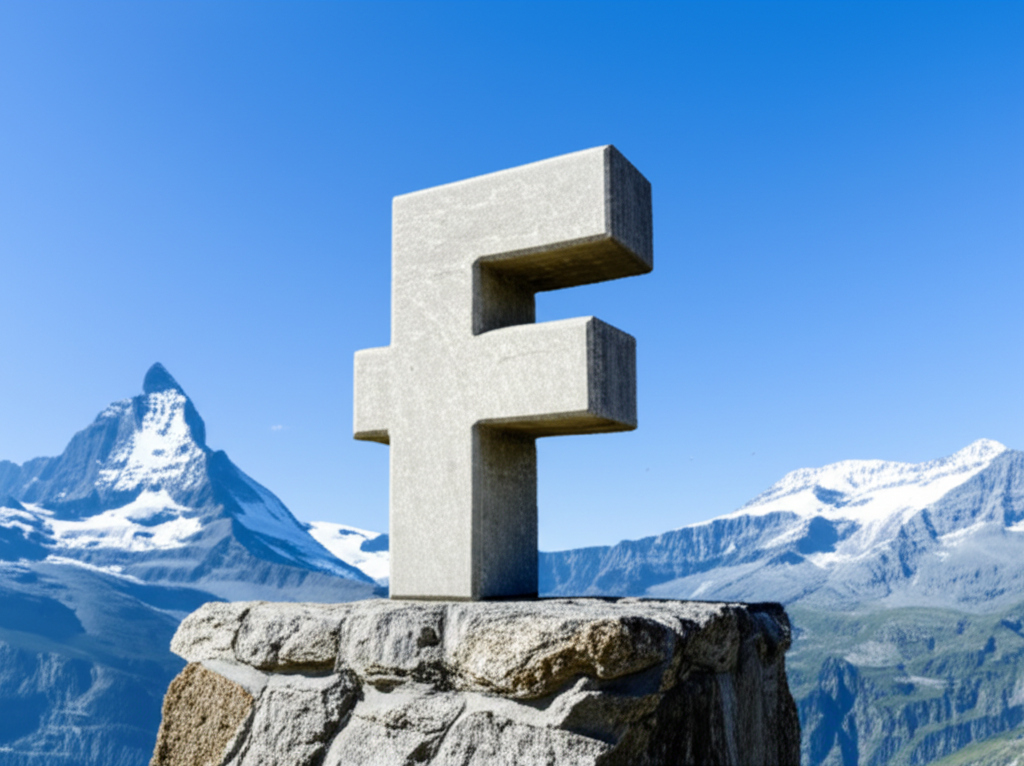 Illustration of the Swiss Franc symbol as a strong pillar against serene Swiss mountains, representing economic stability and safe-haven status