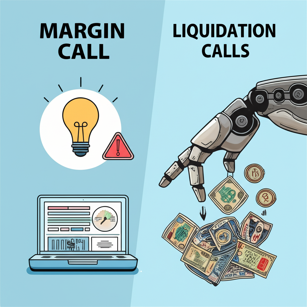 Visual comparison between a margin call as a warning signal and liquidation as an irreversible automated process