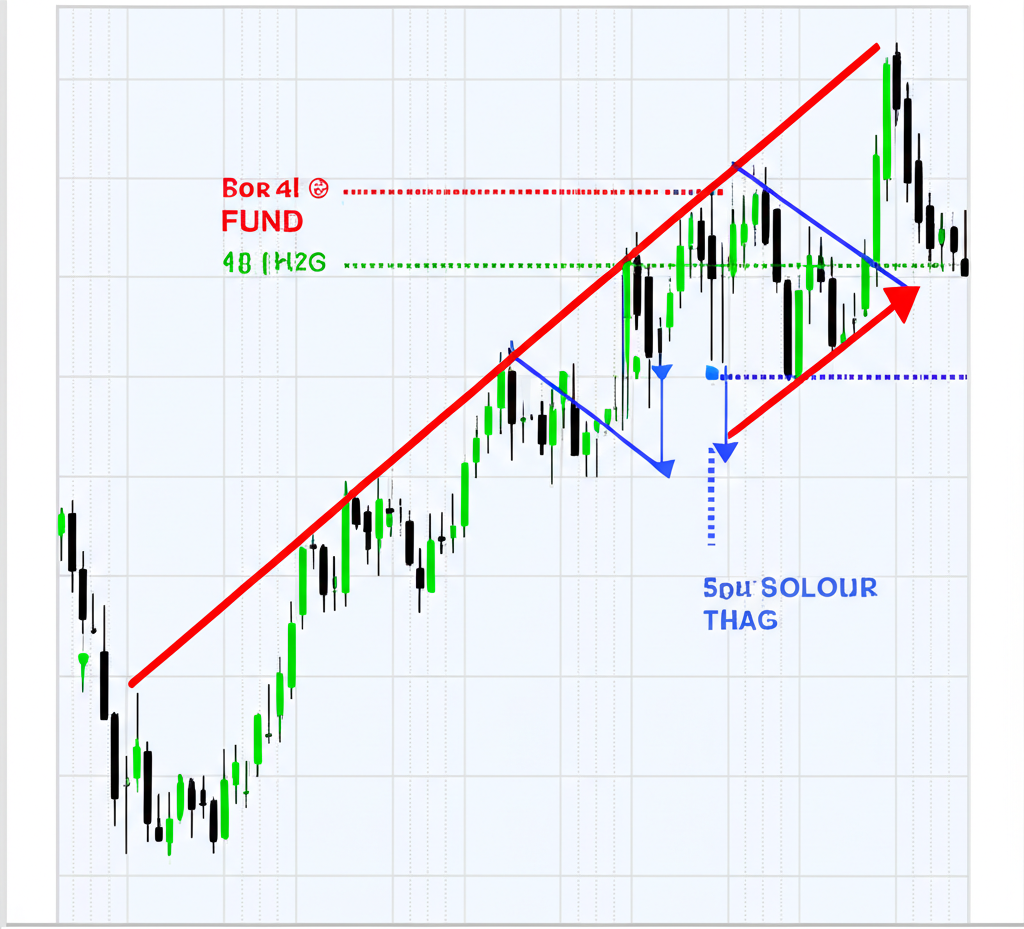 Illustration depicting the characteristics of a flag pattern on a stock chart, with a strong, steep pole, a short consolidation flag sloping against the trend, and visual cues for volume changes during formation and breakout.