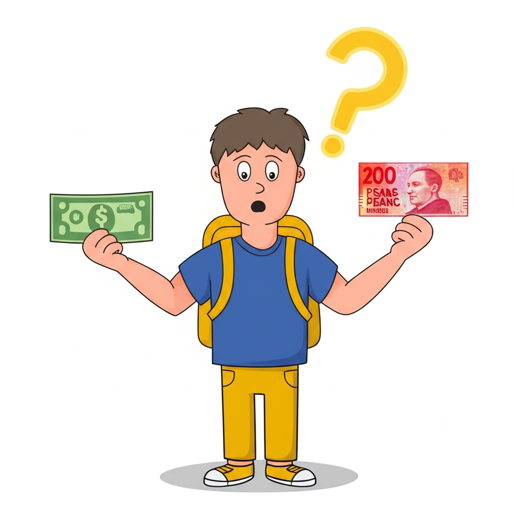 Illustration of a confused tourist holding a dollar bill and a Swiss Franc note with a question mark above their head, symbolizing the 'Swiss Dollar' misconception