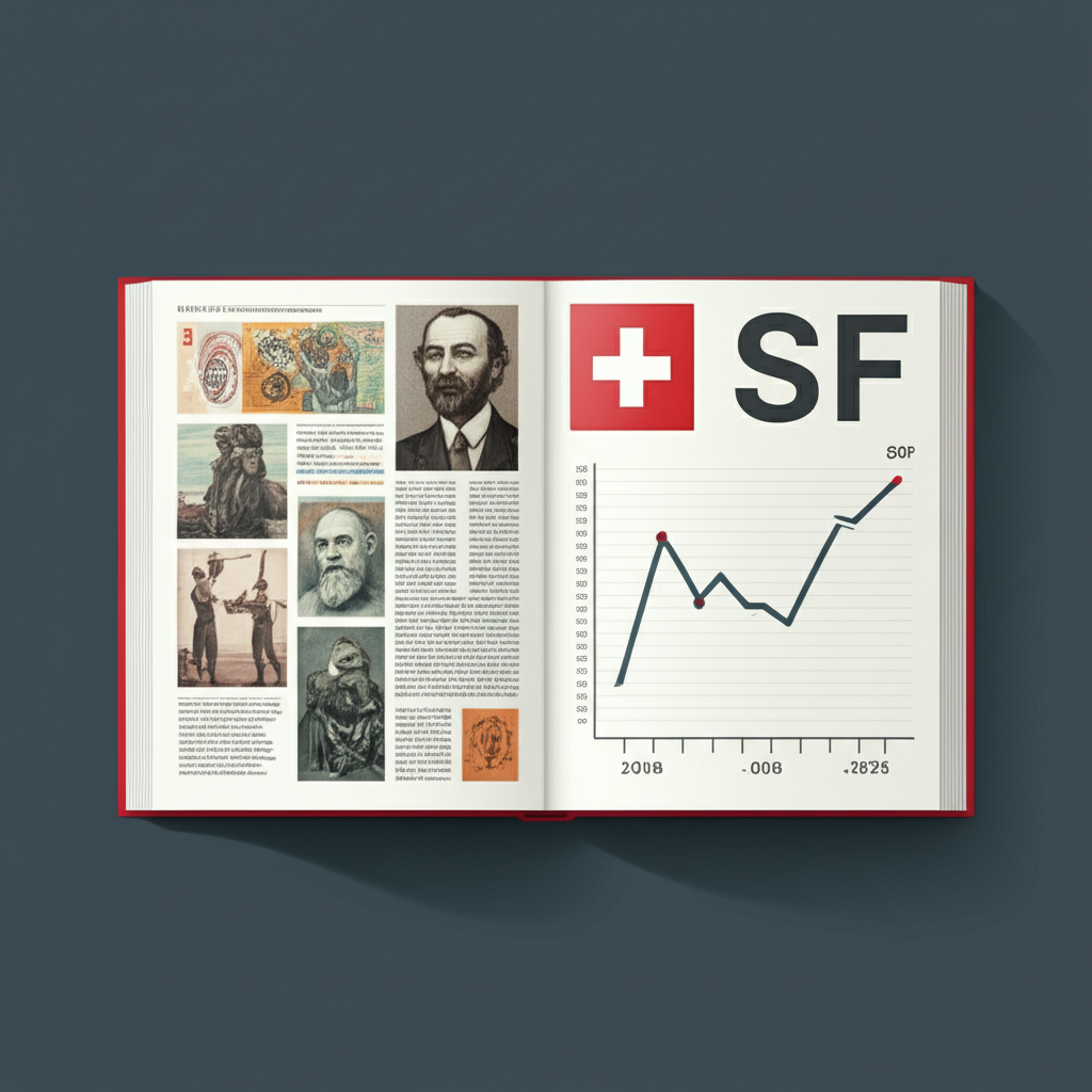 Illustration of an open guidebook showing Swiss Franc history, currency symbols, and a CHF/USD exchange rate chart, emphasizing educational depth