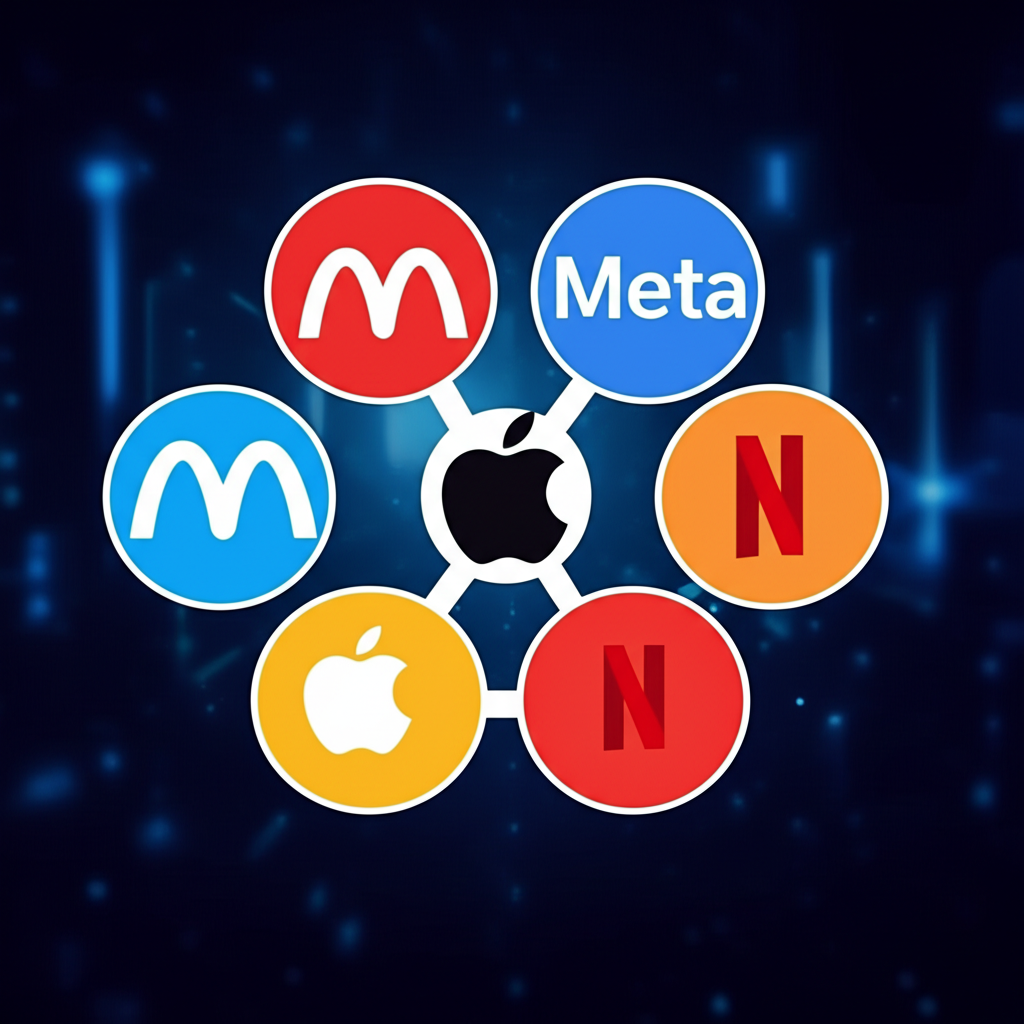 Illustration of five interconnected tech giant logos (Meta, Amazon, Apple, Netflix, Google) forming a powerful network, symbolizing their global influence and market dominance, with a backdrop of digital innovation and wealth creation.