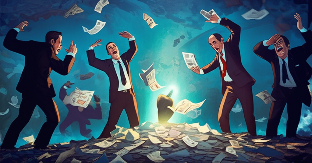 Illustration of investors in despair, throwing papers into a chaotic financial market, with a small, glowing opportunity rising from the ashes, representing capitulation trading