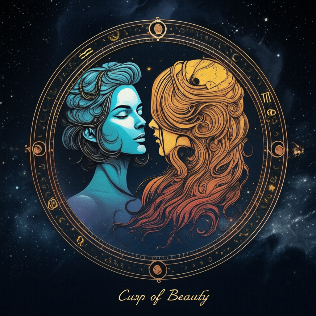 Calendar illustration highlighting September 19–25 with merging Virgo and Libra symbols, titled 'Cusp of Beauty,' set against a starry celestial backdrop
