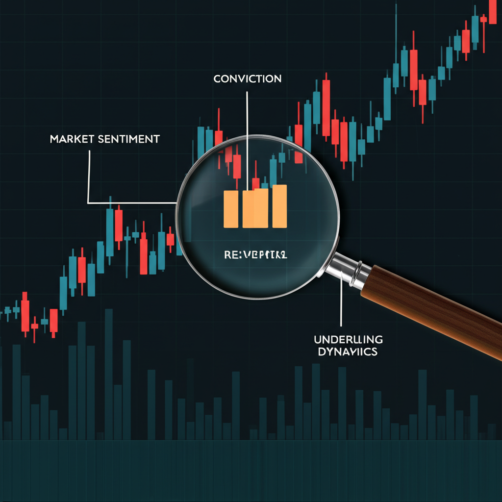 Market charts with price candles and volume bars showing confirmation of price movements and potential reversals