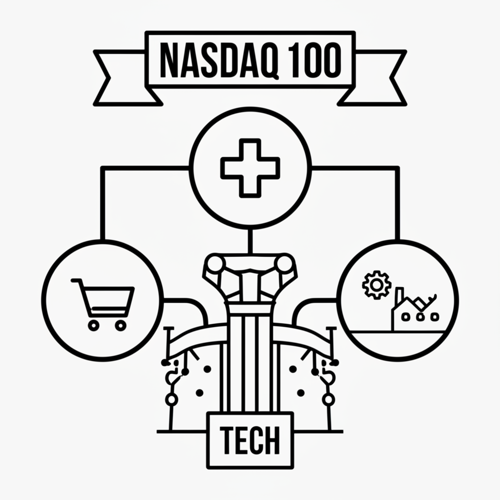 Google Alphabet logo among top tech companies on a digital scale representing QQQ weighting