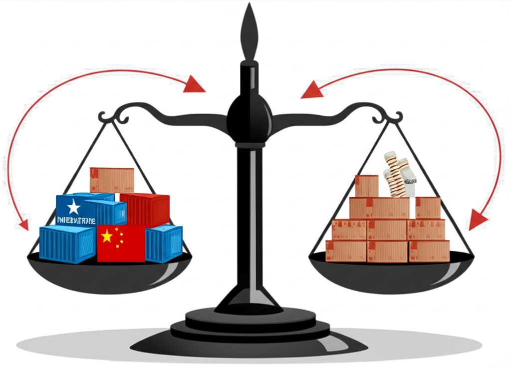 Illustration of a heavily unbalanced trade scale with goods flowing from China to the US, symbolizing the persistent trade deficit