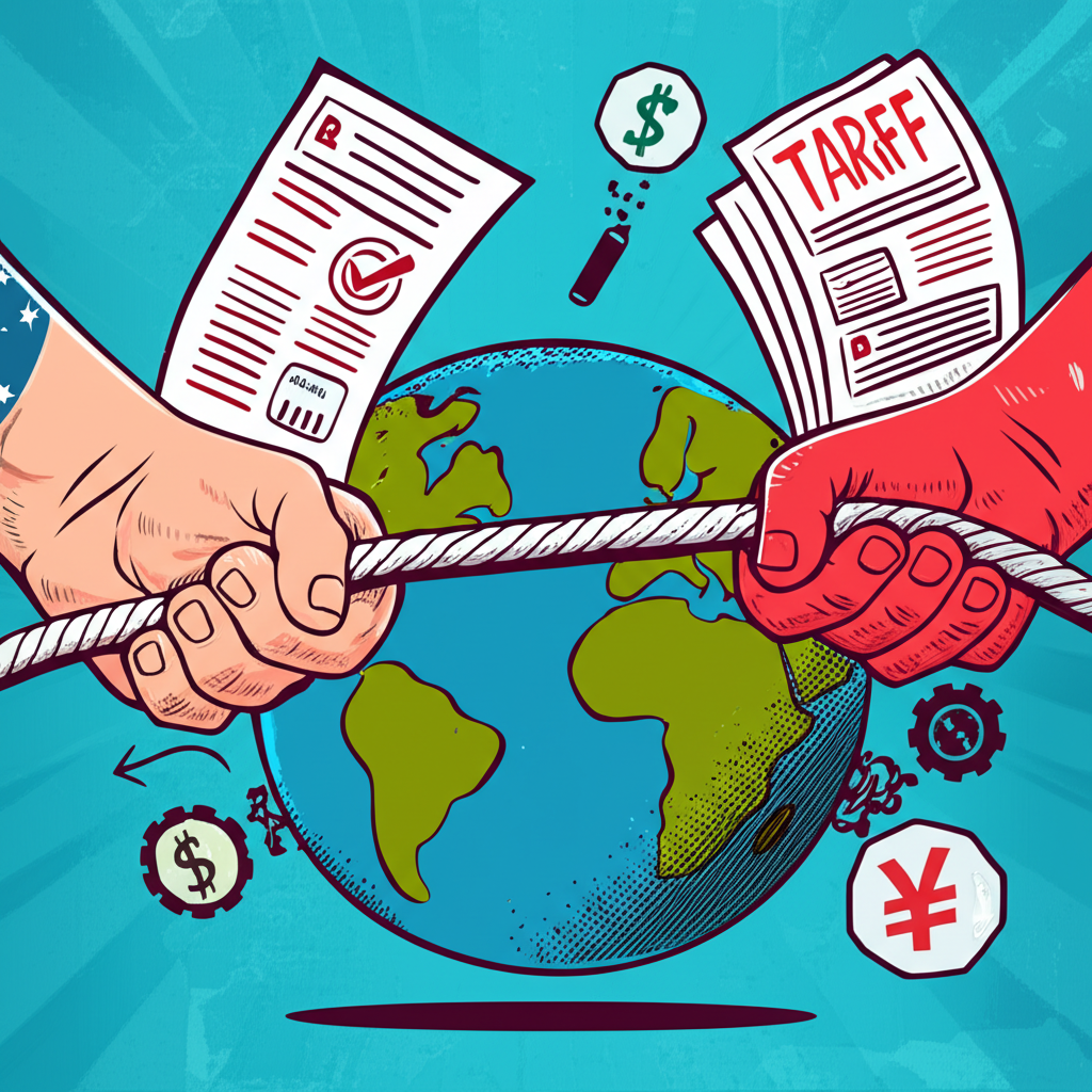 Illustration of the US and China in a global tug-of-war, symbolizing economic conflict with floating tariff documents and broken supply chains