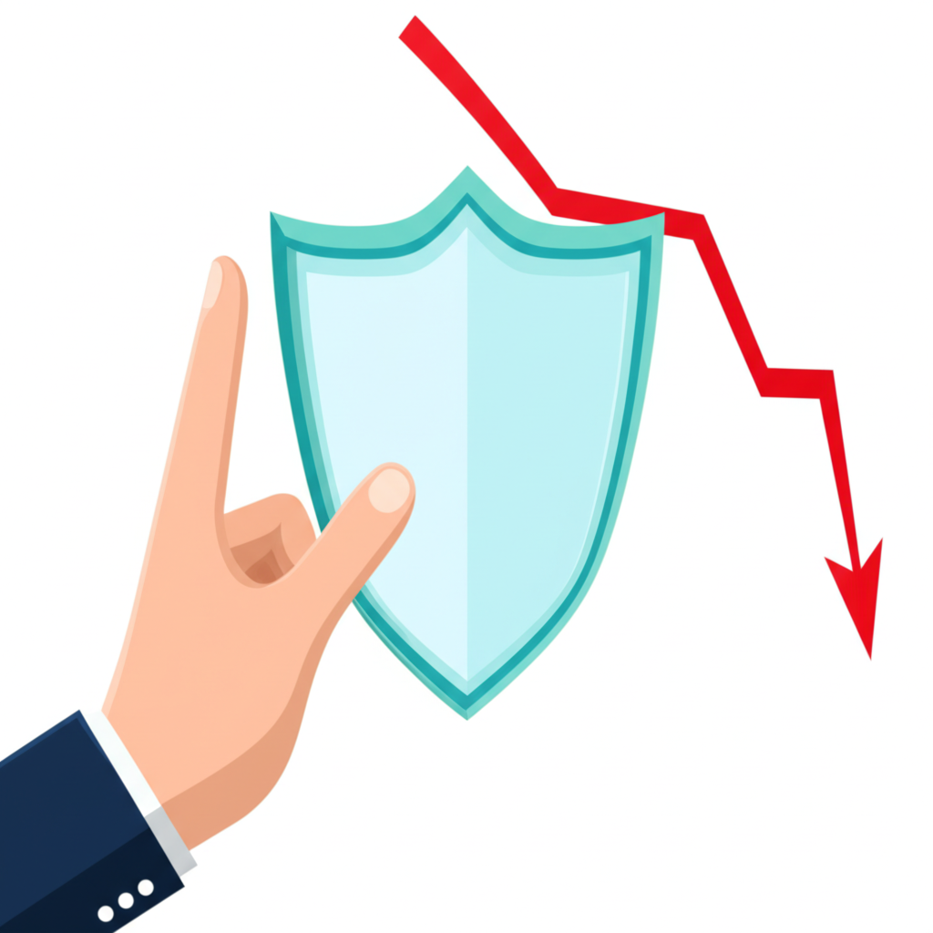 Illustration of a hand setting a stop loss on a forex chart, a shield protecting capital from a downward market arrow