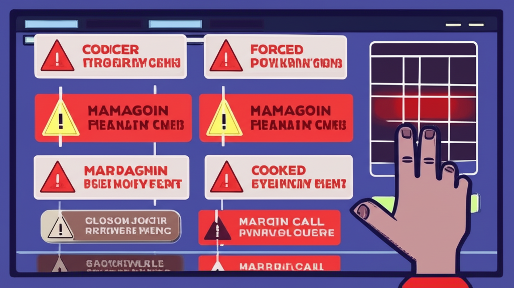 Illustration of a trader's leveraged position being forcibly closed by a broker, showing red alerts and automated liquidation on a digital interface