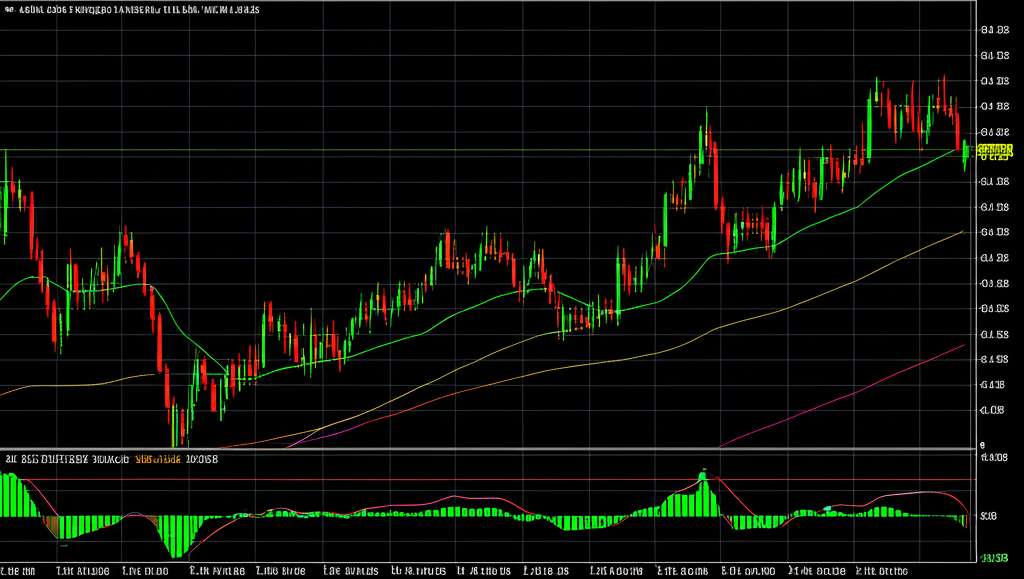 Trading platform interface showing stock chart with RSI oscillator below, displaying 0-100 scale and momentum lines