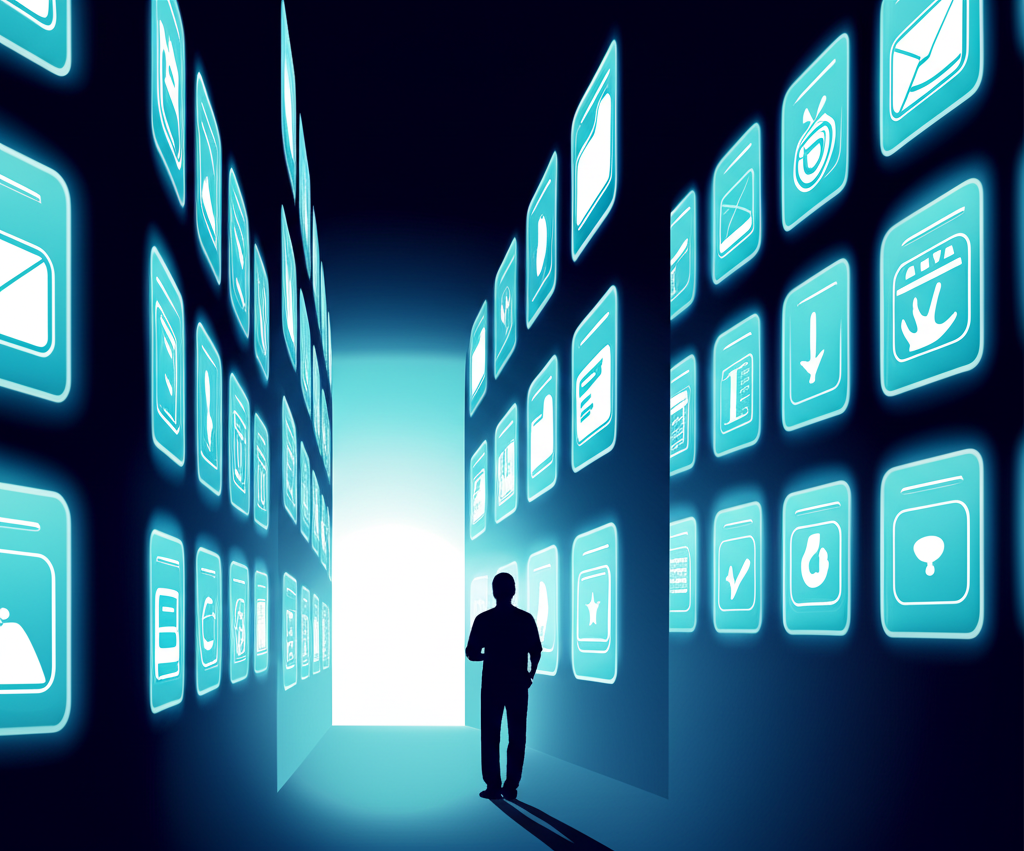 Illustration of a person navigating through a maze of glowing app icons, some appearing solid and reliable, others hazy and unreliable, with a guiding light leading towards a clear, well-structured app, symbolizing a comprehensive guide, decision-making, illustration style.