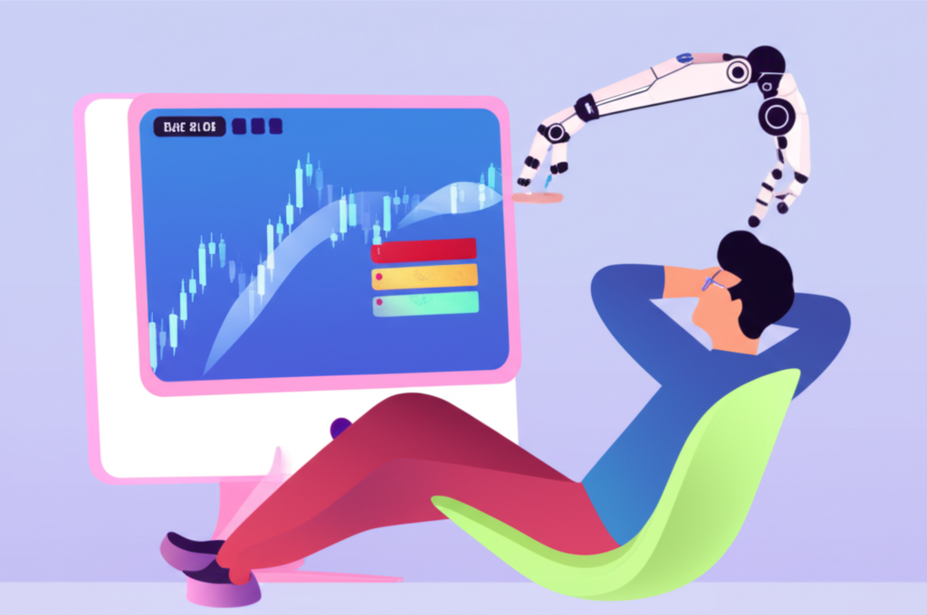 Trader relaxing while a robotic arm executes a trade on a stock chart, symbolizing automation and emotional detachment in trading