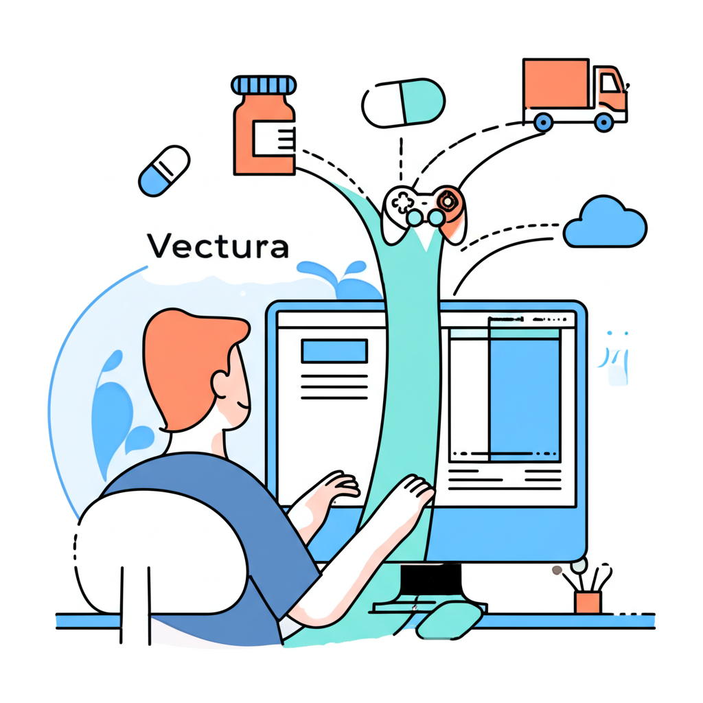 Illustration showing a user at a computer surrounded by floating icons representing different industries under the 'Vectura' name