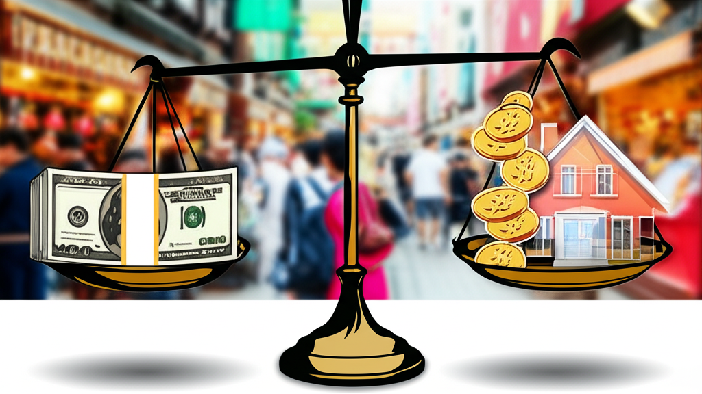 An illustration depicting a scale balancing a stack of cash and a quickly convertible asset, with a bustling market background and a slow-moving real estate symbol in contrast.