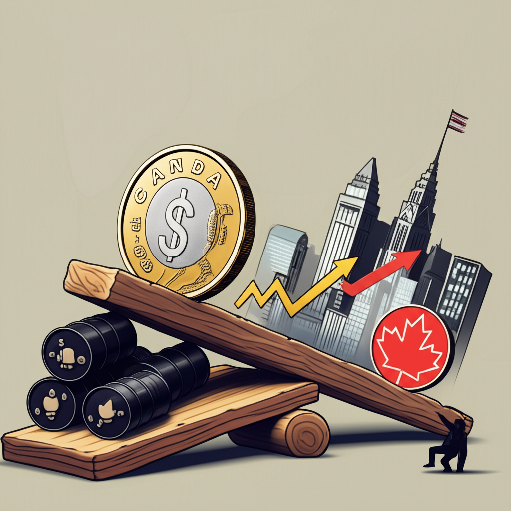 Canadian dollar coin on a seesaw balanced between oil and central bank influence versus US economic strength and risk aversion