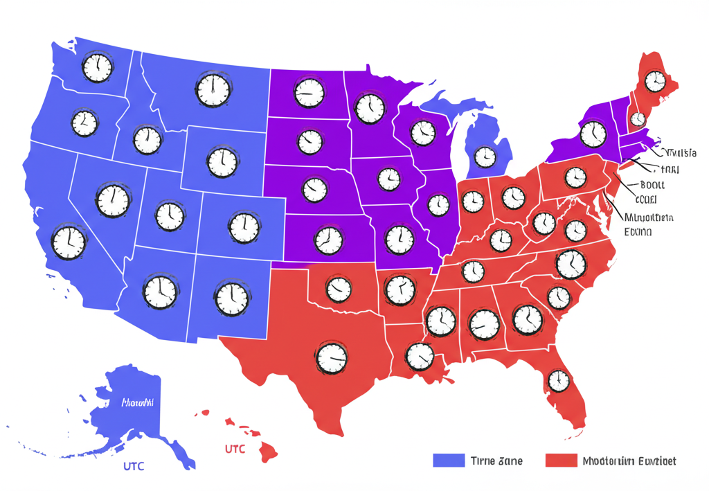 Illustration of a map of the United States divided into different colored time zones, with clocks showing varying times across the country, including Alaska and Hawaii, representing vast geographical span and UTC offsets.