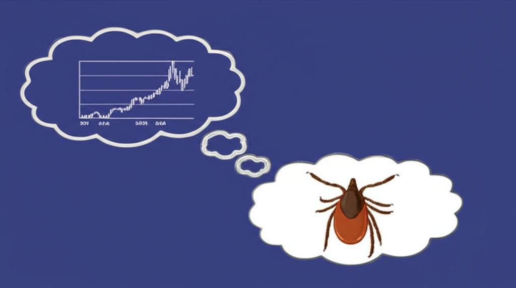 Illustration showing two distinct thought bubbles: one with a financial graph depicting minimum price increments, and the other with a small, stylized biological tick insect, emphasizing the conceptual difference, illustration style.