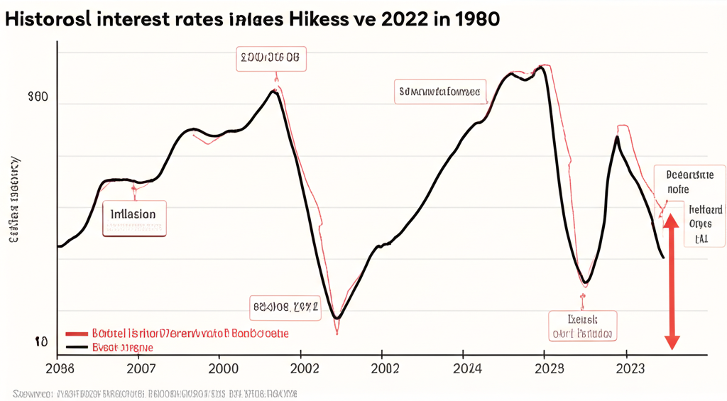 Timeline illustration of historical Fed interest rate hikes, highlighting the 1980s and 2022–2023 cycles