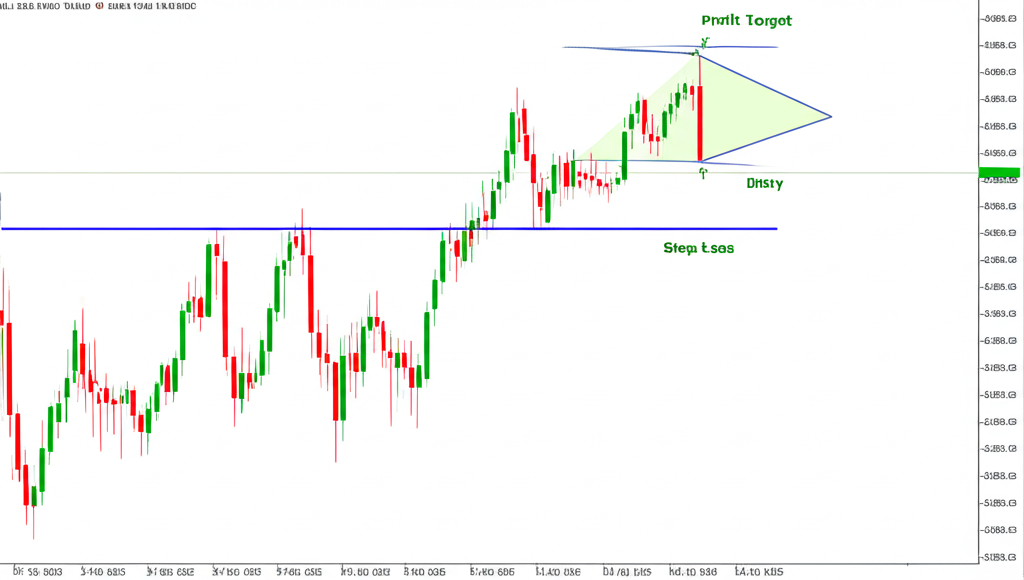 An illustration of a bullish flag pattern on a trading chart, showing a strong upward pole, a downward-sloping rectangular flag consolidation, and markers for ideal entry, stop-loss, and profit target points.